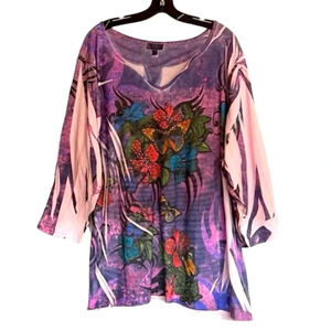 Essentials Women's Plus Size 4X Purple Floral Tunic Blouse